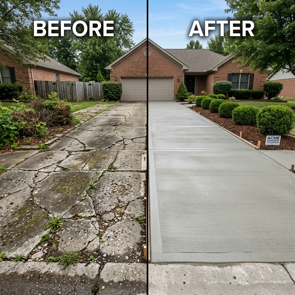 Before and after concrete driveway renovation