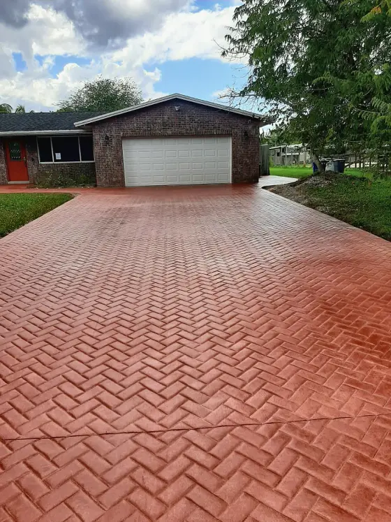 Red herringbone stamped driveway