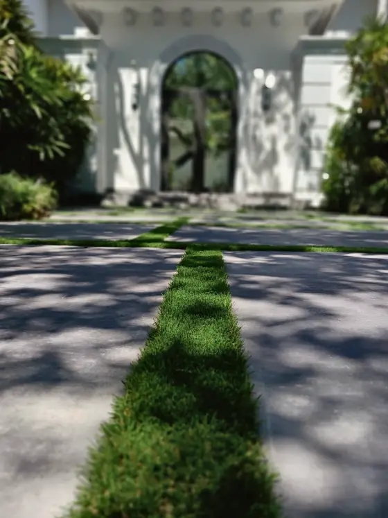 Front walkway with a turf center strip